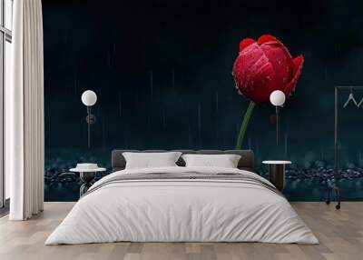 Burgundy Peony Bud Drenched in Raindrops Wall mural