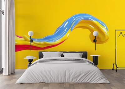 Colorful Flow: Vibrant Retro Liquid Paint Background with Grainy Texture, Yellow, Blue, and Magenta Hues in a Wave Pattern Wall mural