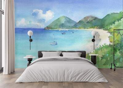 View of paradise bay with turquoise see water and white sandy beach. Watercolor hand drawn illustration. Wall mural