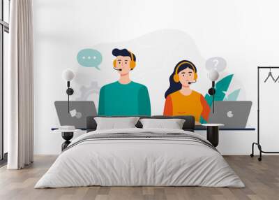 A man and woman from a call center. Dealing with a customer problem, answering calls, chatting with clients. Customer support department staff, telemarketing agents. Vector flat illustration. Wall mural