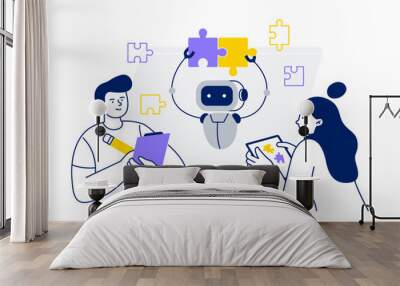 a man and woman interact with chatbot. robot helps to find solutions, answers, and ideas. vector fla Wall mural