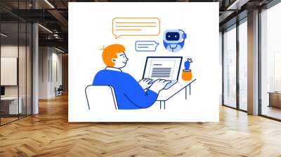 A man interacts with an online chatbot. AI assistant helps with productivity work and study. Vector flat illustration isolated on a white background. Wall mural