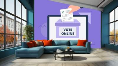 A man throws a letter to the box. A hand with a voting letter. Online voting concept, electronic voting, electoral internet system. Flat vector illustration. Wall mural