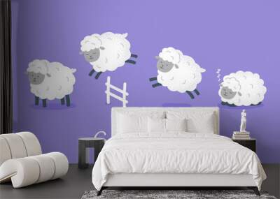 Cute sheep are jumping over the fence. Good night concept. Count sheep before bed. Vector flat illustration. Wall mural