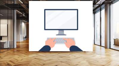 Hands are typing on the computer keyboard. Using digital computer. Vector flat illustration. Wall mural