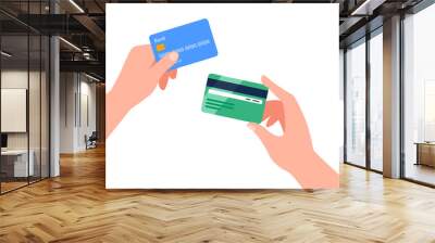 hands holding credit plastic cards. non-cash money turnover. financial operations, transactions, inv Wall mural