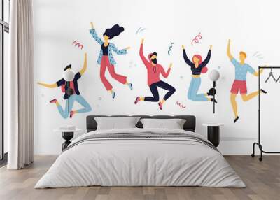 Happy people jumping for joy. Funny hand-drawn cartoon women and men on a party. Concepts of celebration or enjoying life. Vector Illustration. Wall mural