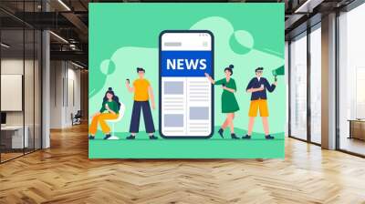 Online news concept. Modern young men and women use smartphones to read the news. People standing near a big smartphone with the news page. Vector flat concept illustration for banner, sites, apps. Wall mural