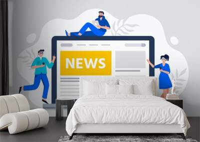 Online news. Modern young men and women use smartphones to read news. Use mobile phones. tablet and laptop to read news. Vector flat concept illustration for banner, sites, apps. Wall mural