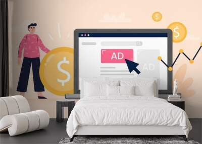 Pay Per Click or Display advertising concept. Web developer set advertising to gain more money to the business. Flat vector illustration. Good for banners, ads, landing pages or articles. Wall mural