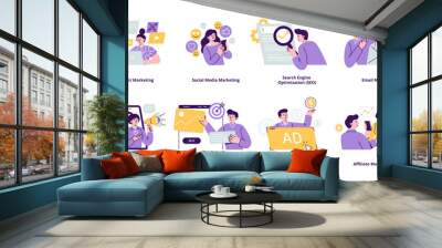 Set of marketing scenes. Concepts with men and women taking business activities in online marketing. Trendy vector flat illustrations isolated on a white background.  Wall mural