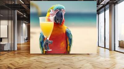 close up of a parrot with fresh juice on the beach, generative Ai Wall mural