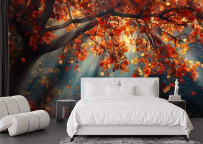 lightning tree with falling colorful autumn leaves in natural forest Wall mural