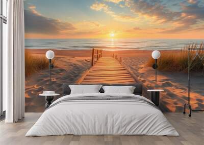 wooden way to the romantic beach at the sea with dunes and waves Wall mural