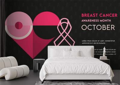 Breast cancer awareness month horizontal banner template design. Editable banner with pink ribbon illustration. Wall mural