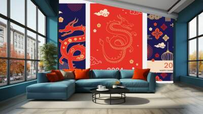 Chinese new year 2024 year of the dragon - red traditional Chinese designs with dragons. Lunar new year concept, modern vector design. Translation: Happy Chinese new year Wall mural