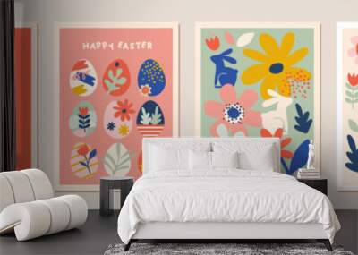 Happy Easter, decorated geometric style Easter card set. Bunnies, Easter eggs, flowers and basket in modern bold minimalist style. Abstract flowers, bunnies and eggs. Wall mural