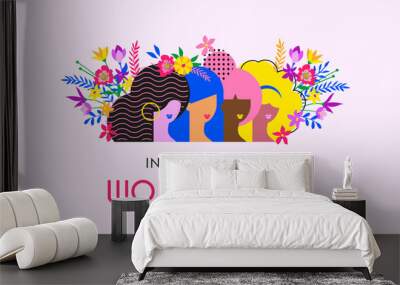 Happy women's day card with women of different ethnicities and cultures stand side by side together with flowers around them. Strong and brave girls support each other. Vector banner. Wall mural