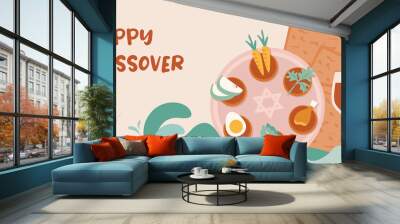 Passover greeting card and abnner. Seder pesach invitation, greeting card template or holiday flyer. happy Passover in English and Hebrew. vector illustration Wall mural