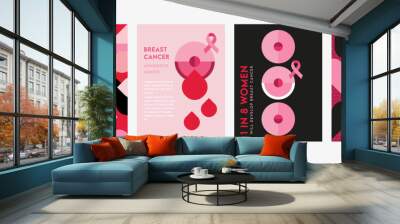 posters set for October Breast Cancer awareness month in geometric style. Creative designs with pink ribbon, pink woman and patterns. Vector illustrations. Wall mural