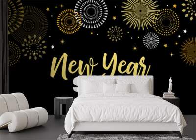 Sale banner background for New Year shopping sale. Happy New year sale lettering on sky full of gold fireworks. Design with for web online store or shop promo offer Wall mural