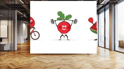 Set of fruits and vegetables doing sport. illustration isolated on white background. Cute and focused fruits and vegetable characters Wall mural