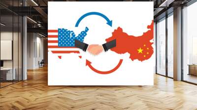 Two businesspeople handshake after good deal. US America and China flags on map. USA and China trade relations, cooperation strategy. Wall mural