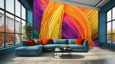 Abstract of skein of rainbow vivid colored acrylic threads in a roll Wall mural