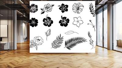 Flowers hibiscus, plumeria, rose, anemone silhouette black and white, isolated. Wall mural