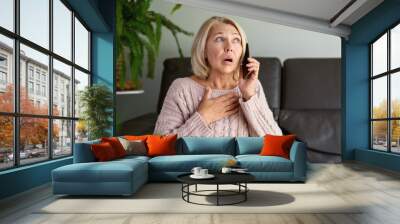 woman in a phone call sitting on a sofa in the living room in a house Wall mural