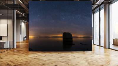 Panaroma shot of the night sky with the milky way and the ocean with a huge boulder in the forground Wall mural