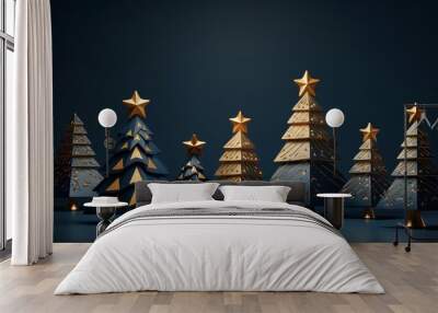 Golden Christmas trees on dark blue background. Wall mural