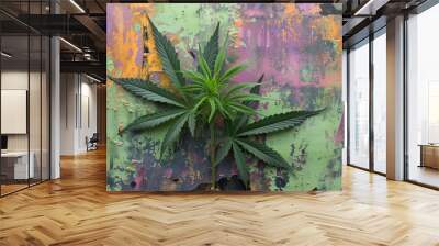 Cannabis Street Art Mural, Psychedelic Painting, Rainbow Wall Graffiti, Organic Medicinal Herbs, Plant Based Health Concept Background Wall mural