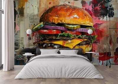 Delicious Cheeseburger Street Art Mural, Food and Culinary Marketing Painting, Contemporary Restaurant Menu Artwork Wall mural