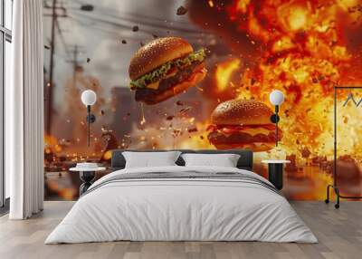 Fast Food Wars the Cheeseburger Battles, Tasty Delicious Funny Restaurant Business Design Wallpaper, Culinary Marketing Concept, Action Photography Background Wall mural