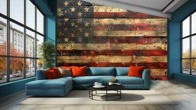 Rustic and Aged American Flag Banner, Patriotic Wood Art Background, Vintage Peeling Paint Rural America Wallpaper, USA United State Independence Day Memorial Freedom Liberty Artwork Wall mural