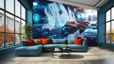 Smart Medical Doctor Working with Modern Computer Interface, Future Digital Engineering Healthcare Equipment Concept Wall mural