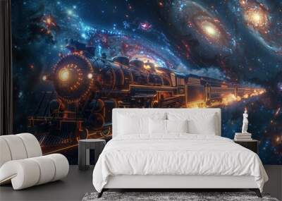 Vintage Steam Locomotive Train Speeding Through Space Wallpaper, Sci-fi Railway Track Background, Futuristic Travel and Tourism Backdrop Wall mural