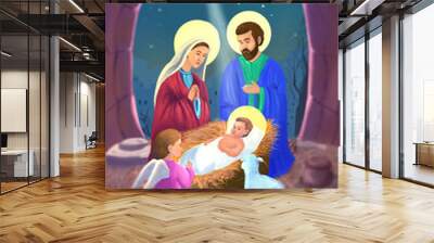 Christmas nativity scene / postcard / illustration painting Wall mural