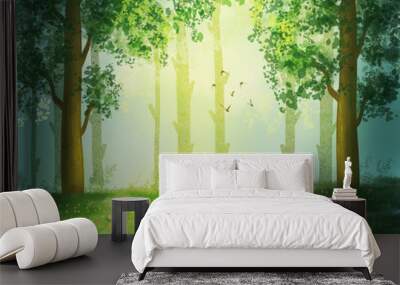 Illustration of wild forest landscapes on a summer sunny day. Beautiful forest clearing with green grass and flowers. Wall mural