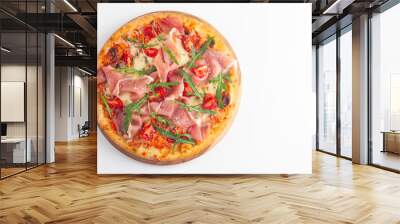 Pizza with prosciutto, ham, arugula, spinach, tomatoes, pesto, cheese and parmesan. Italian cuisine.  Wall mural