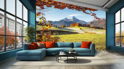 Awesome alpine highlands in sunny day. Scenic image of fairy-tale Landscape with blue sky under sunlit, over the Majestic Rock Mountains. Wild area. Megical Natural Background. Creative image . Wall mural