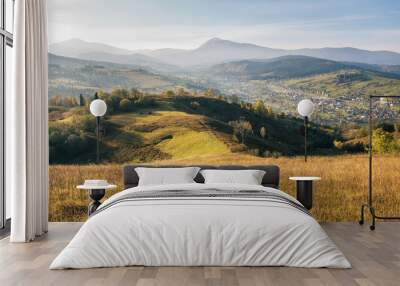 Foggy summer landscape with green rural field in the Alps with beautiful fresh green mountain pastures and mountain tops in the background. Rich harvest concept. Creative image. Carpathian mountains Wall mural