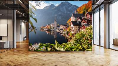 Impressive view of famous old town Hallstatt, Salzkammergut, Austria. Scenic golden morning light on a beautiful sunny day at sunrise in summer. Concept ideal resting place. Popular travel destination Wall mural