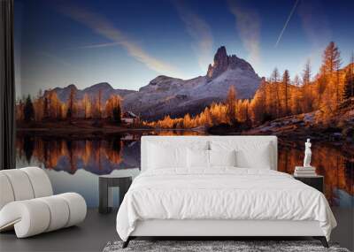 Majestic sunset of the mountains landscape. Wonderful Nature landscape during sunset. Beautiful colored trees over the Federa lake, glowing in sunlight. wonderful picturesque scene. color in nature Wall mural