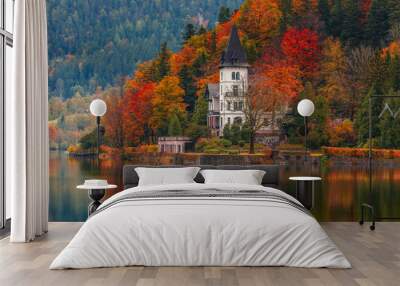 Villa Castiglioni in colorful forest reflected in water, lake Grundlsee Wall mural