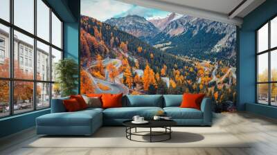 Wonderful Nature landscape of Switzerland. Vivid autumn scenery of Maloja pass, Switzerland, Europe. Amazing, serpentine road is a most popular place of travel and Outdoor vacations in Swiss alps. Wall mural