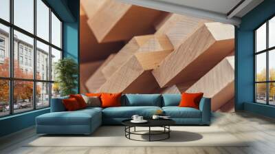 wood timber construction material for background and texture. close up. stack of wooden bars. small  Wall mural