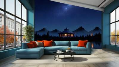 view of the lake with a line of shooting stars at night Wall mural