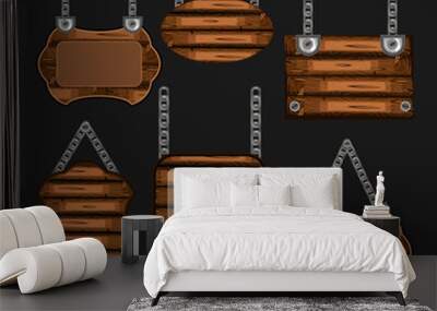 Six rough wooden tablets, signboards, boards on a steel chain. Set of vector images Wall mural